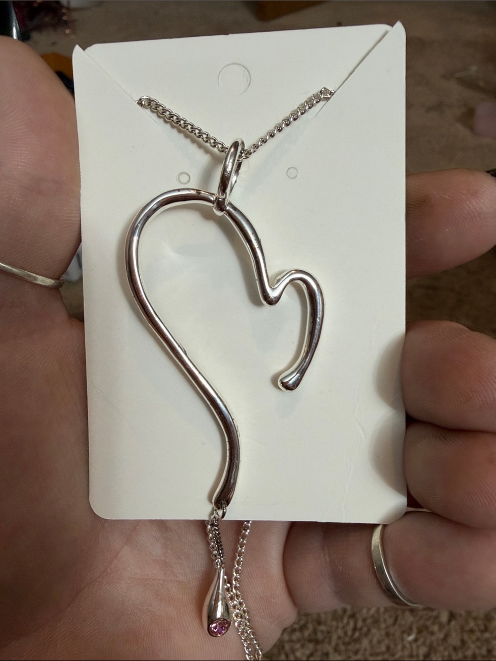 Sterling Silver Heart Drop Necklace - Silver